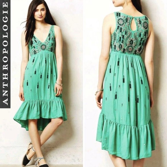 Anthropologie Floreat Ijada Green Embroidered Sequin Stitch Hi-Low Ruffle Dress - Picture 1 of 9